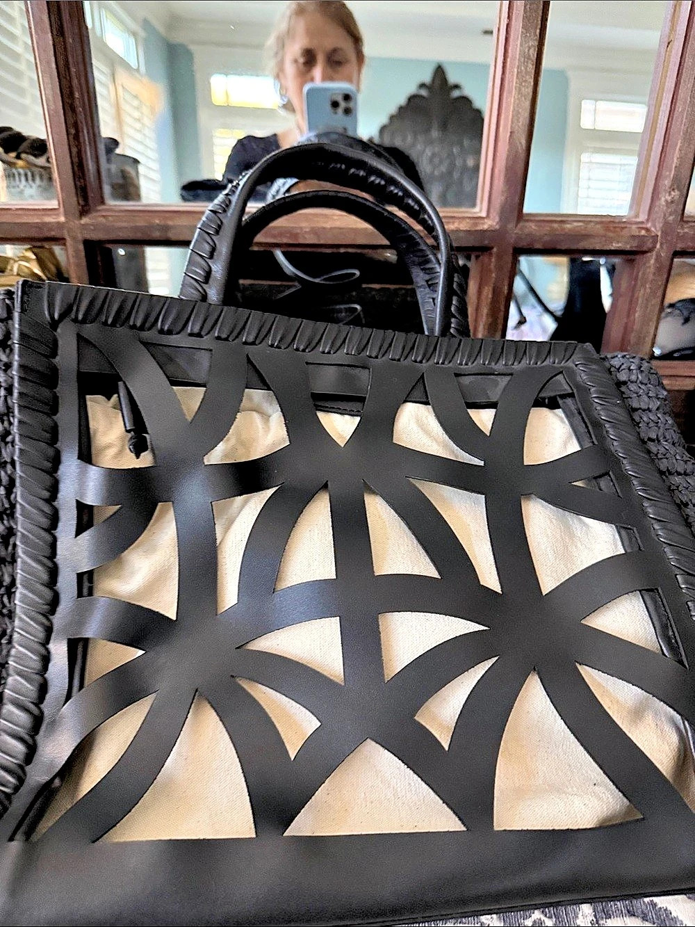 Zara Black & Cream Cutout Tote Like New